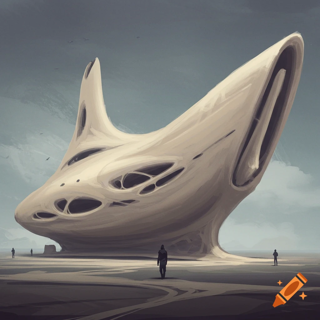 A large, organic sci-fi structure stands in a desert landscape with small human figures.