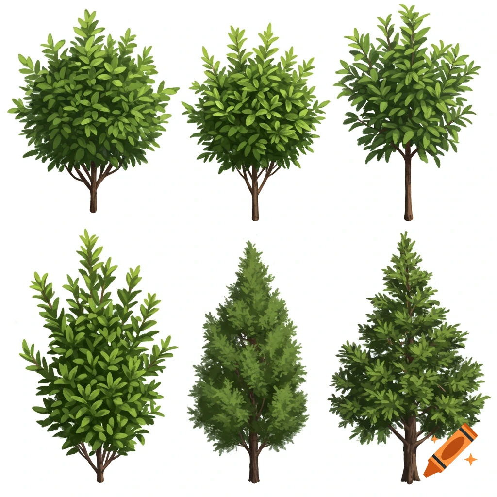 Six evergreen trees and bushes on a white background.