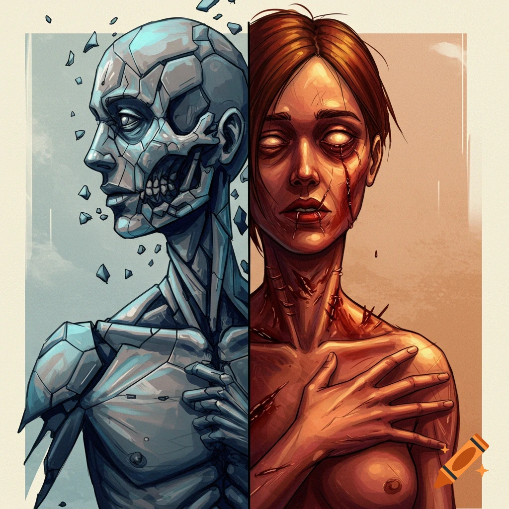 A split portrait illustration showing a cyborg on the left and a damaged human figure on the right.