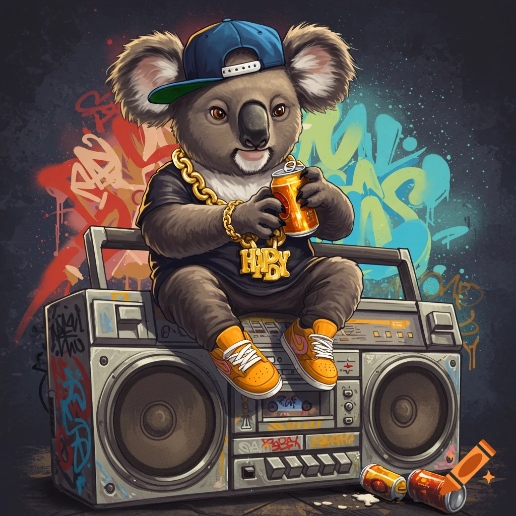 Cartoon koala in hip hop clothes sits on a boombox with graffiti background, drinking from a can.