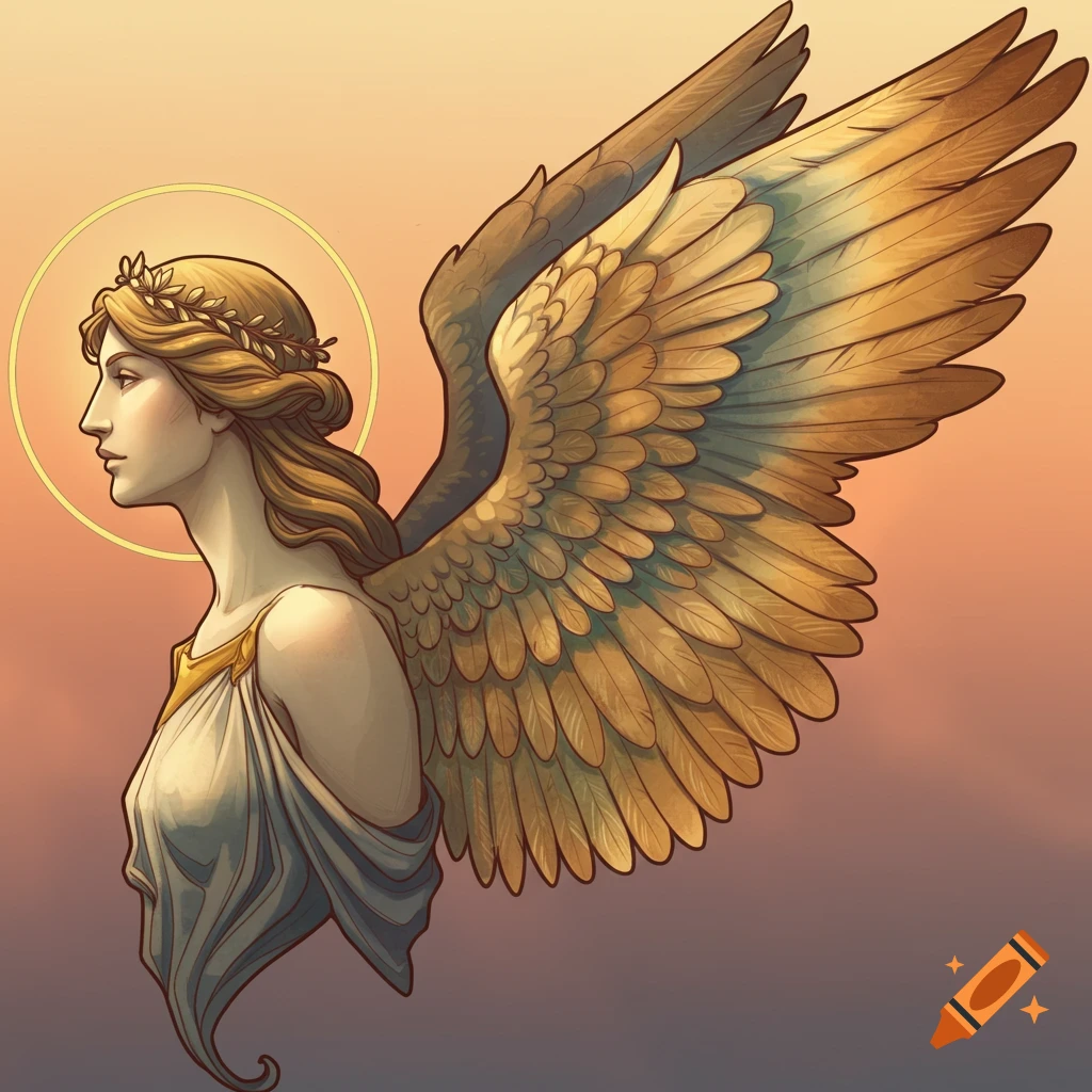Profile of an angel with large wings and a halo