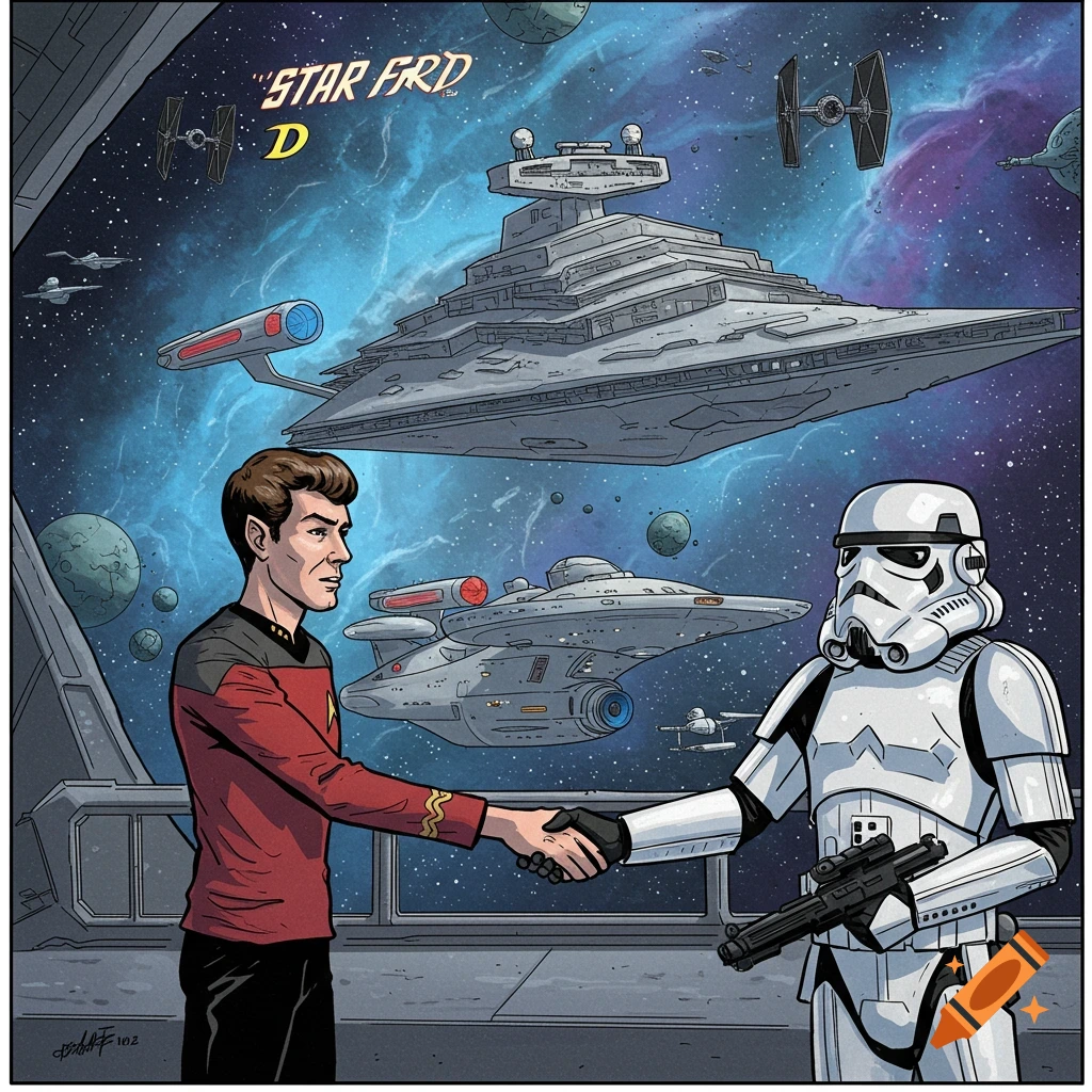 Spock-like character shakes hands with a Stormtrooper in space, with Star Trek and Star Wars ships, comic style.