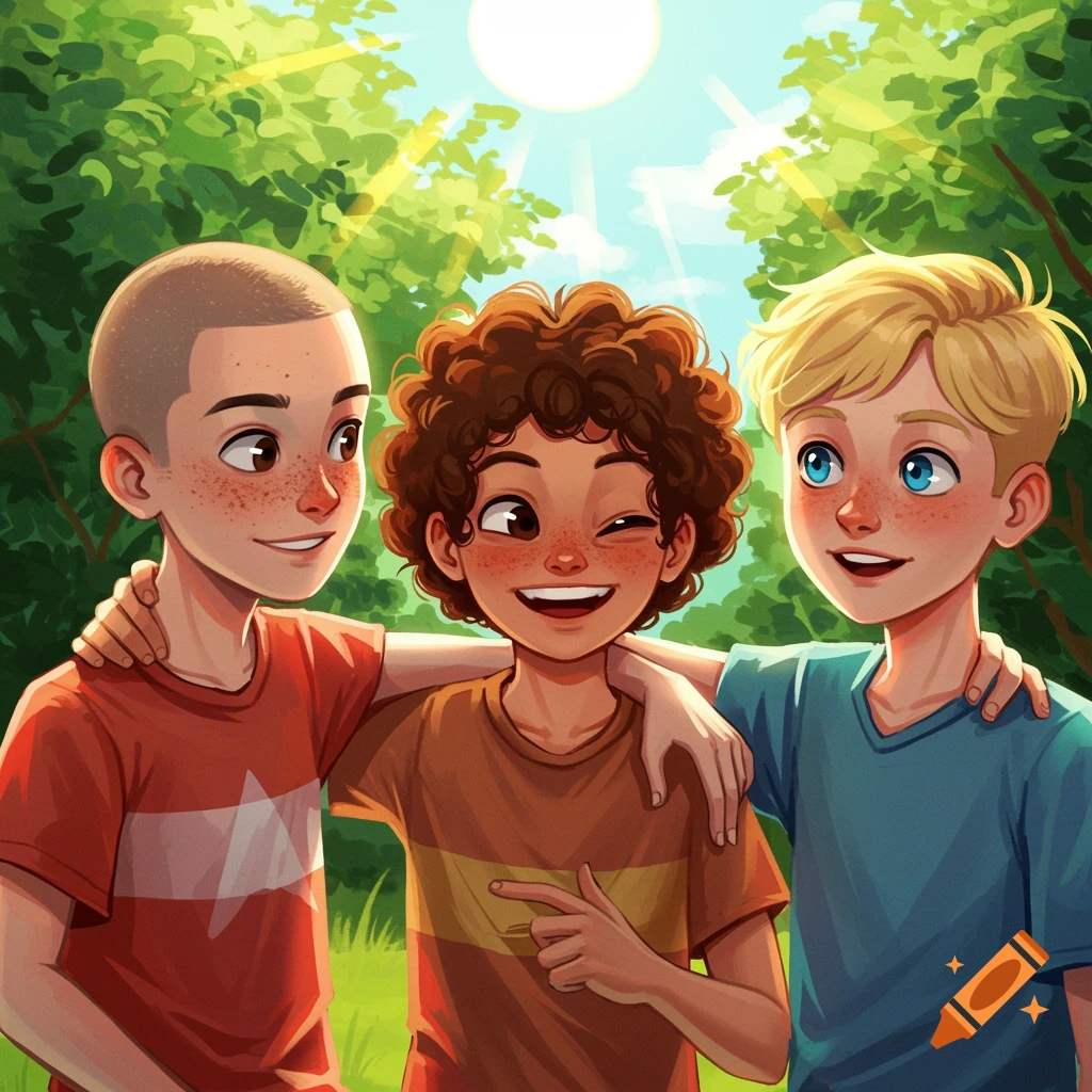 Three cartoon boys standing together outdoors, smiling.