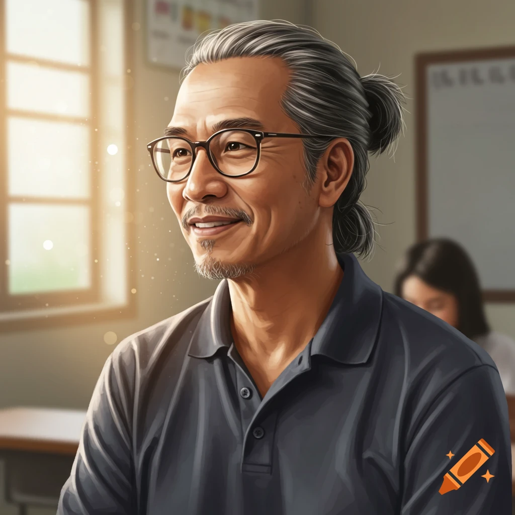 An older man with glasses and graying hair in a ponytail is smiling in a classroom.