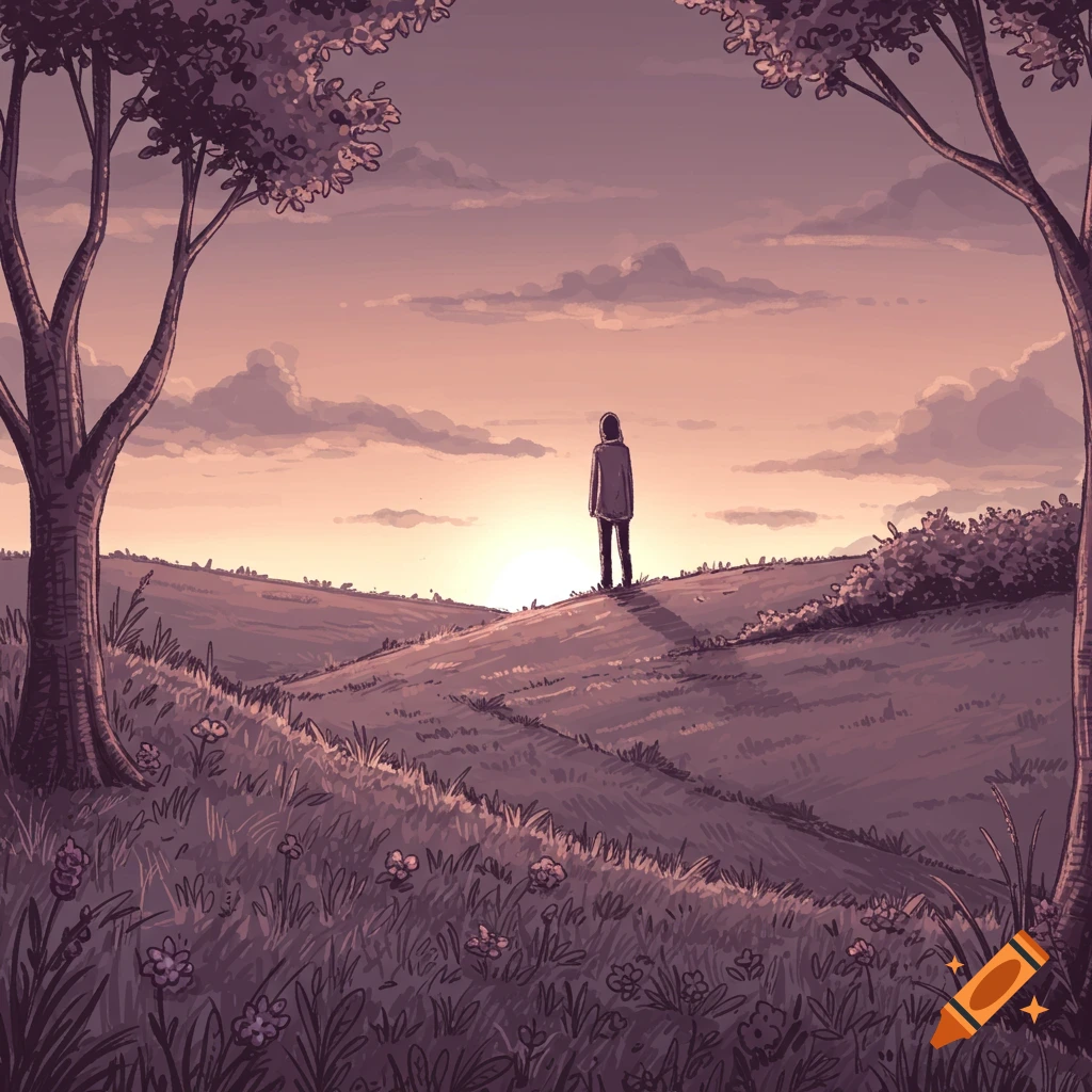 Illustration of a person standing on a hill looking at a sunset between two trees.