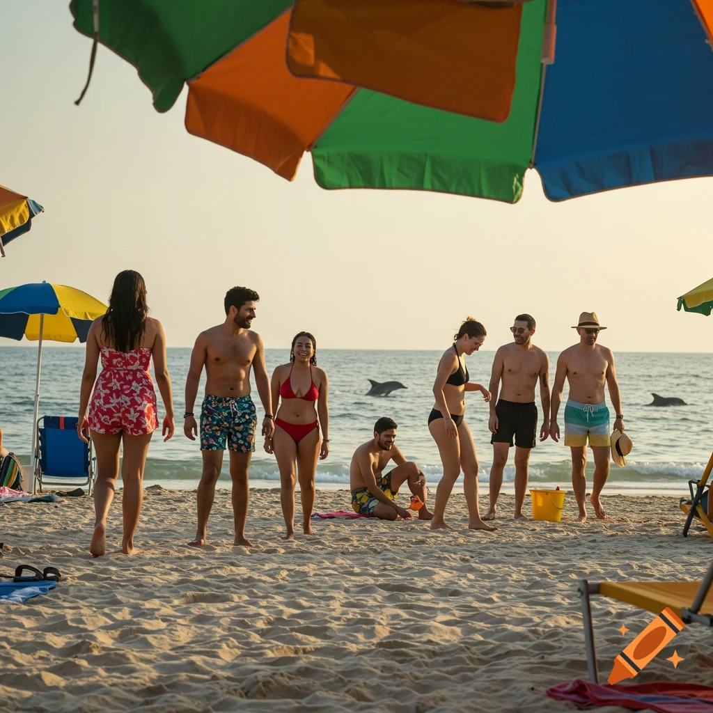 People walk and stand on a sandy beach near the ocean with umbrellas and dolphins.