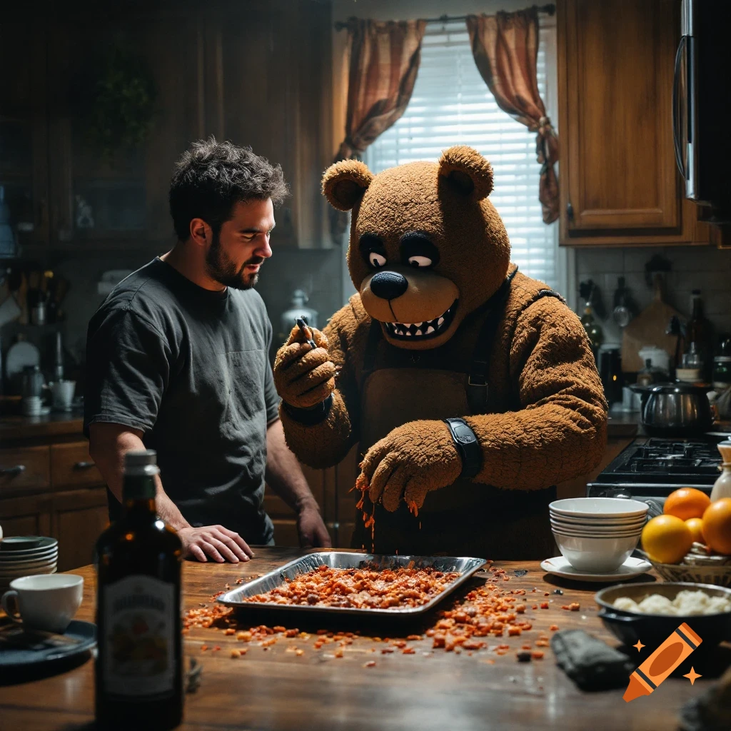 A man and a brown bear costume character are in a kitchen looking at a tray of food.