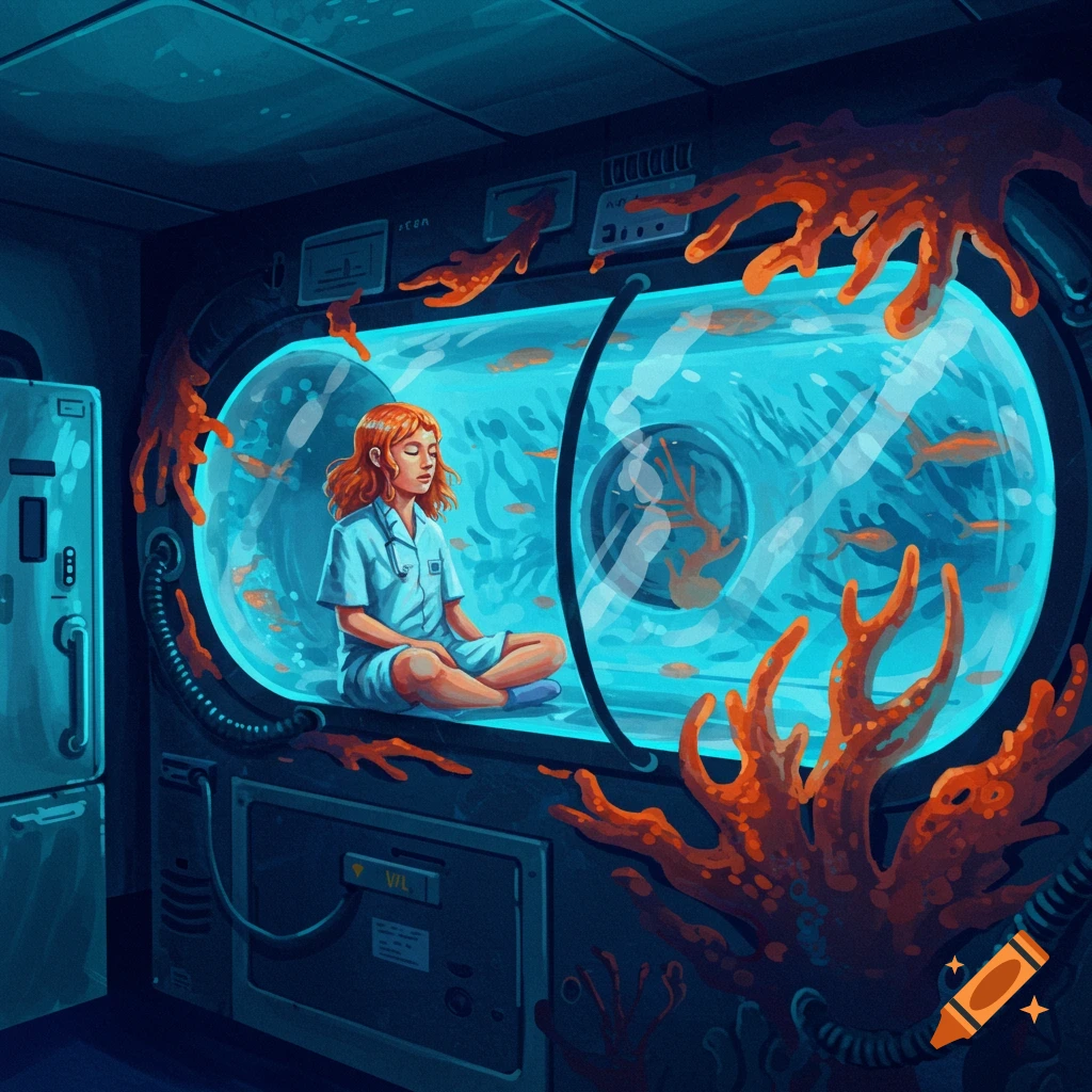A person sits inside a clear hyperbaric chamber surrounded by fish and coral.