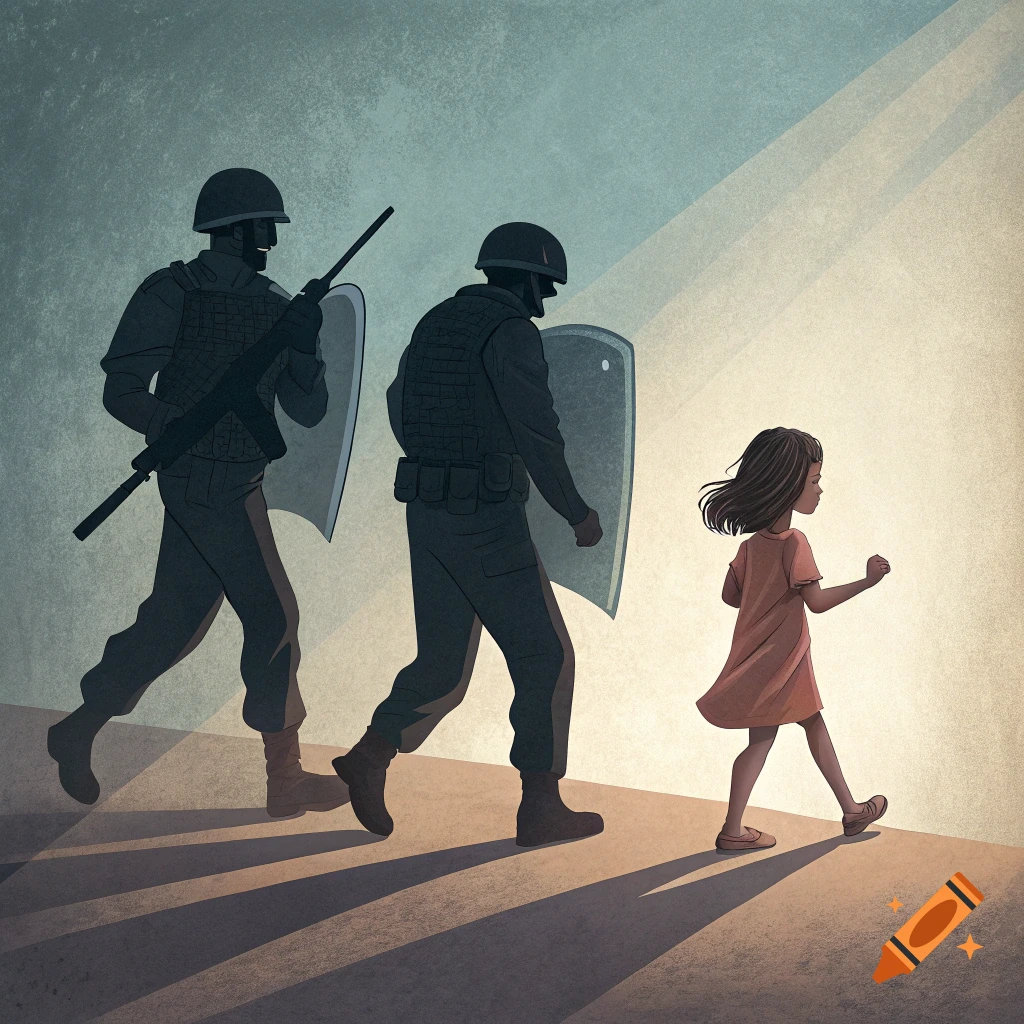 Illustration of two figures in tactical gear and shields following a child.