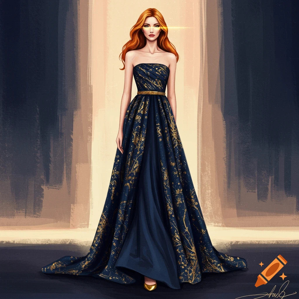 A woman in an elegant long blue gown with gold accents.