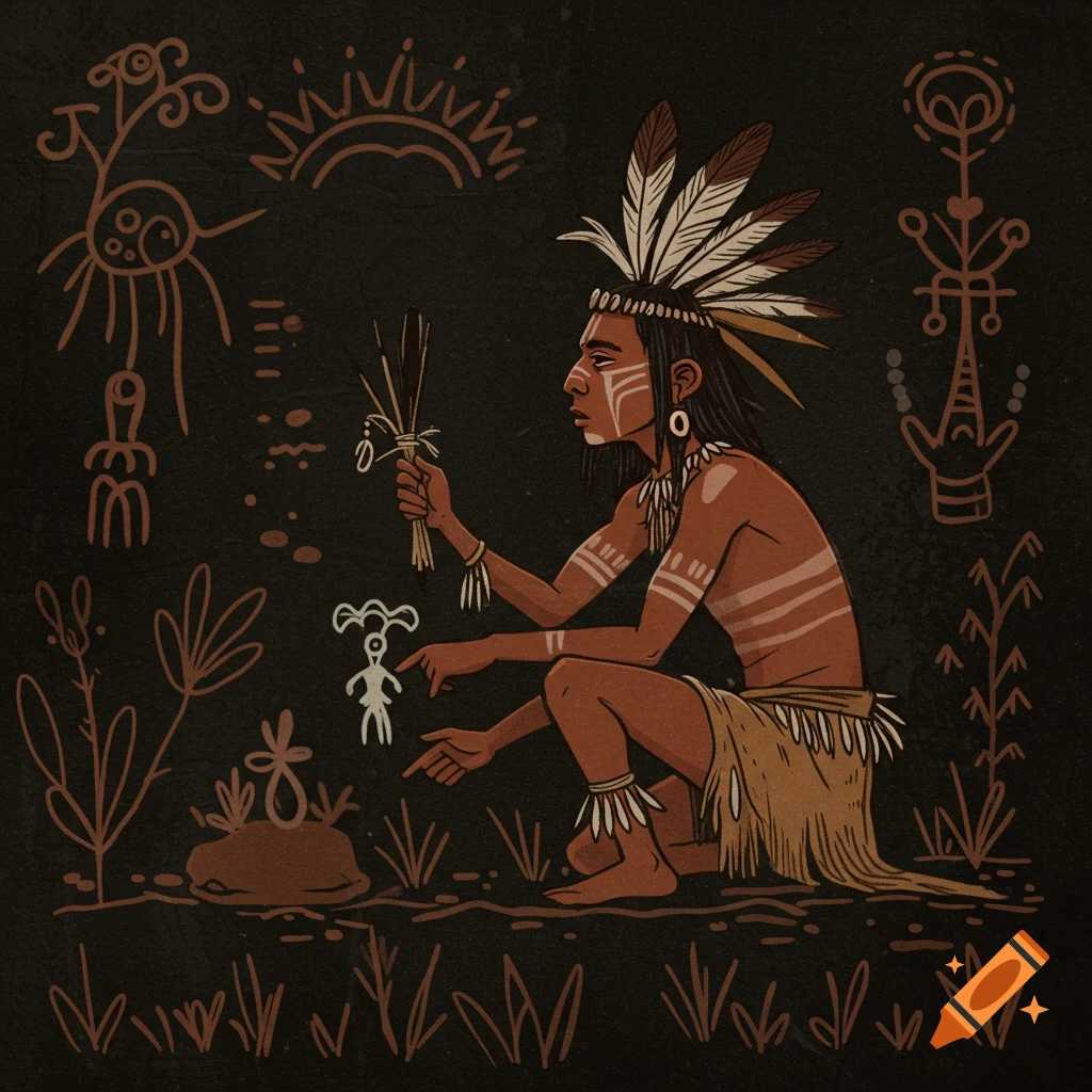 Drawing of a person in tribal attire holding sticks, surrounded by symbols and plants.