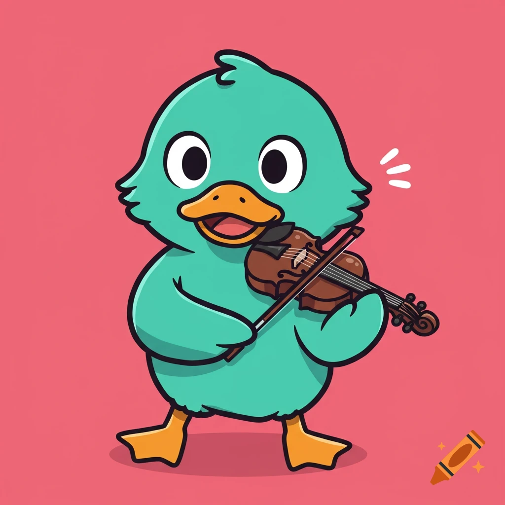 A cartoon duck plays a violin.