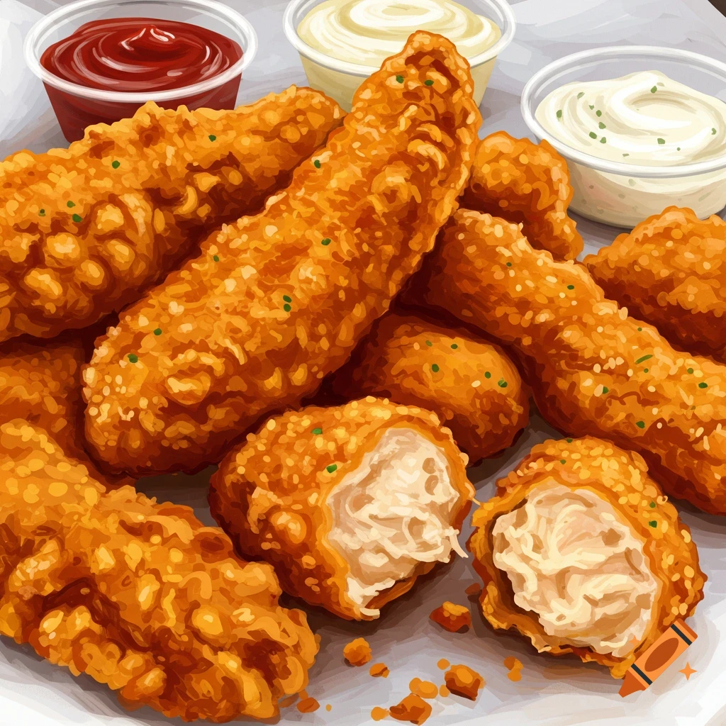 Chicken fries and dipping sauces.