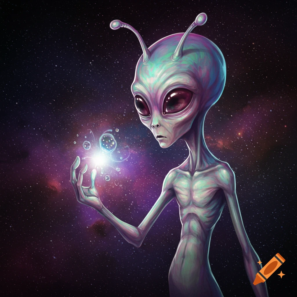 An alien holding a glowing orb in space.