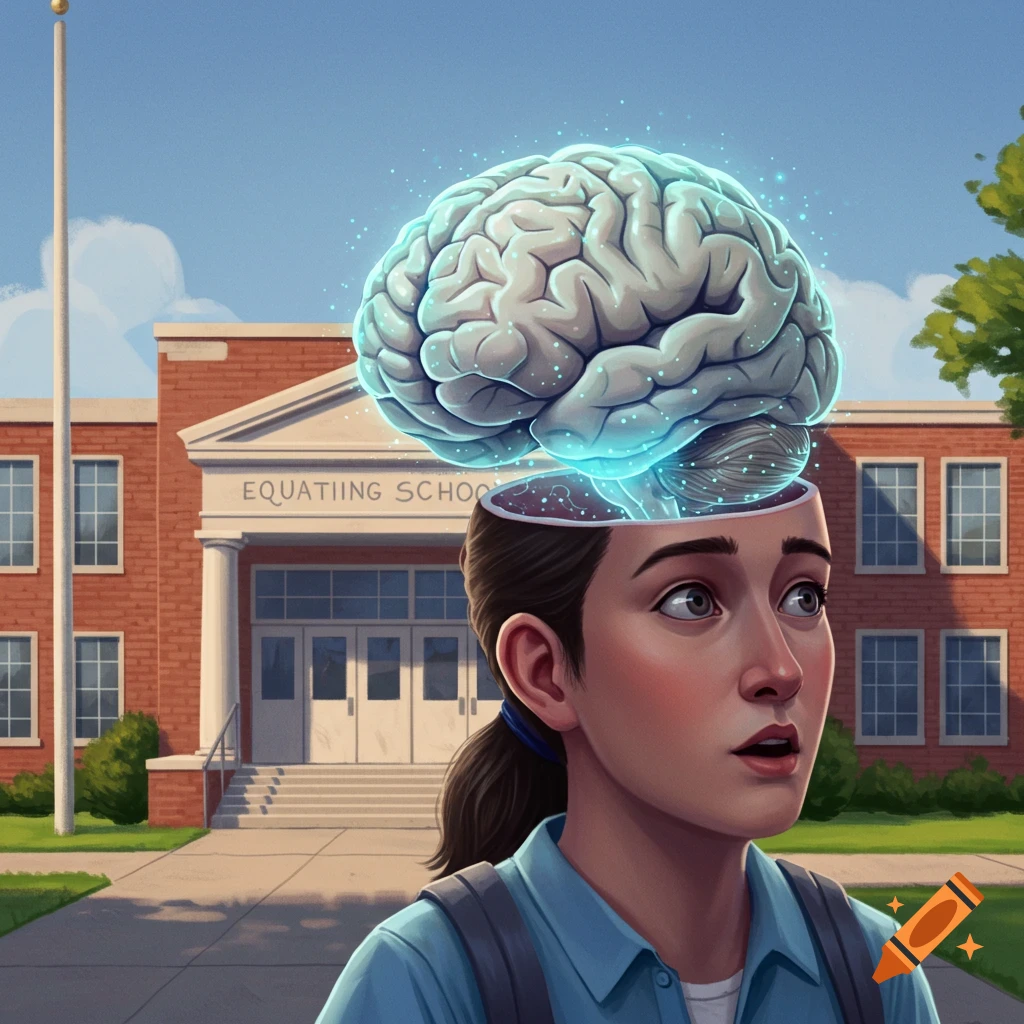 A student standing in front of a school with a glowing brain emerging from the top of their head.