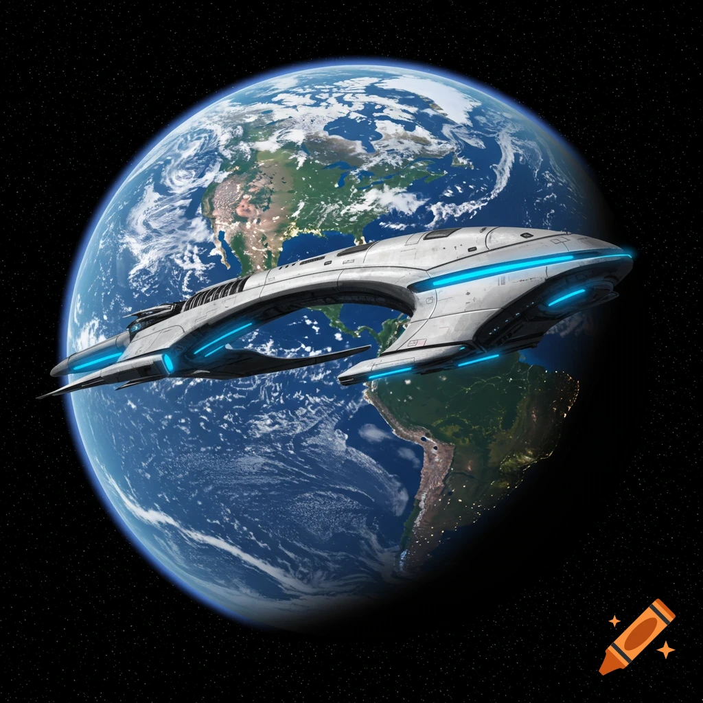 A futuristic spaceship orbits Earth.