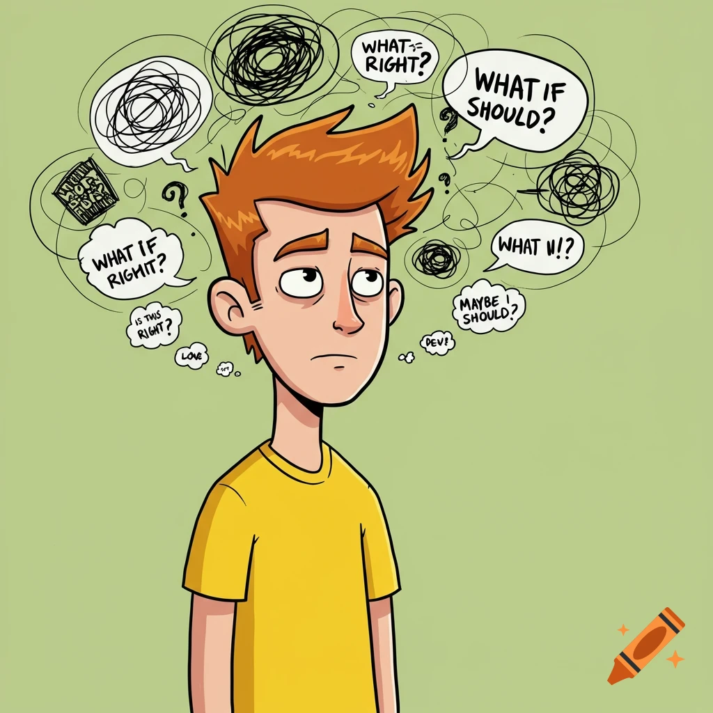 Cartoon of a worried young man with chaotic thought bubbles filled with questions and scribbles.