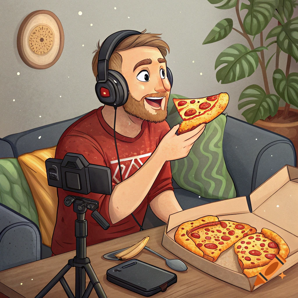 Illustration of a man wearing headphones, eating a slice of pizza while sitting on a couch with a camera set up, likely streaming.