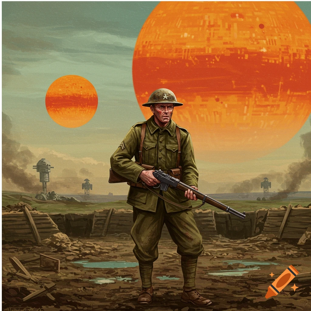 WWI soldier in a trench, with a double sun and sci-fi structures in the background.
