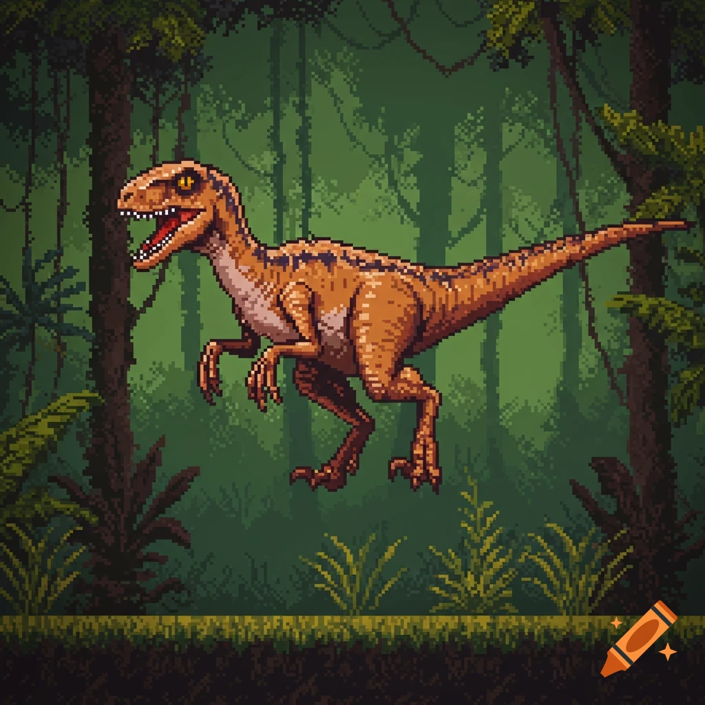 Pixel art of a raptor dinosaur in a jungle