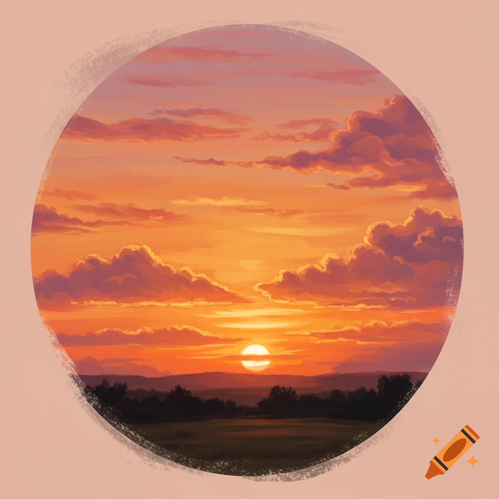 A circular image of an orange and pink sunset over a landscape.
