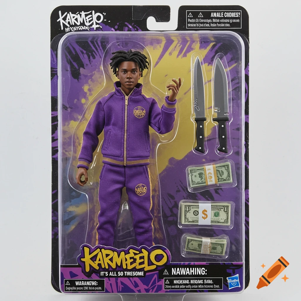 Realistic action figure of a man in purple tracksuit packaged with money and knives