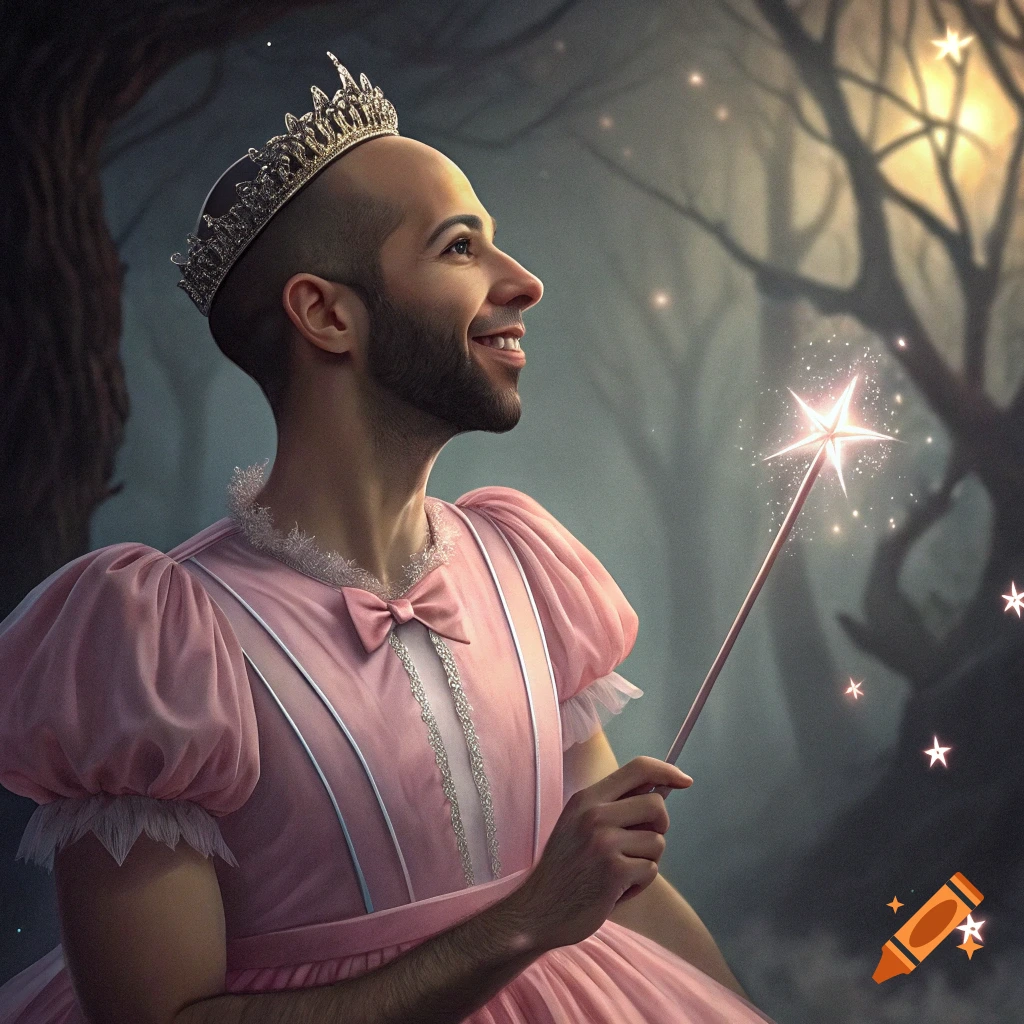A man in a pink dress and tiara holds a magic wand in a forest.