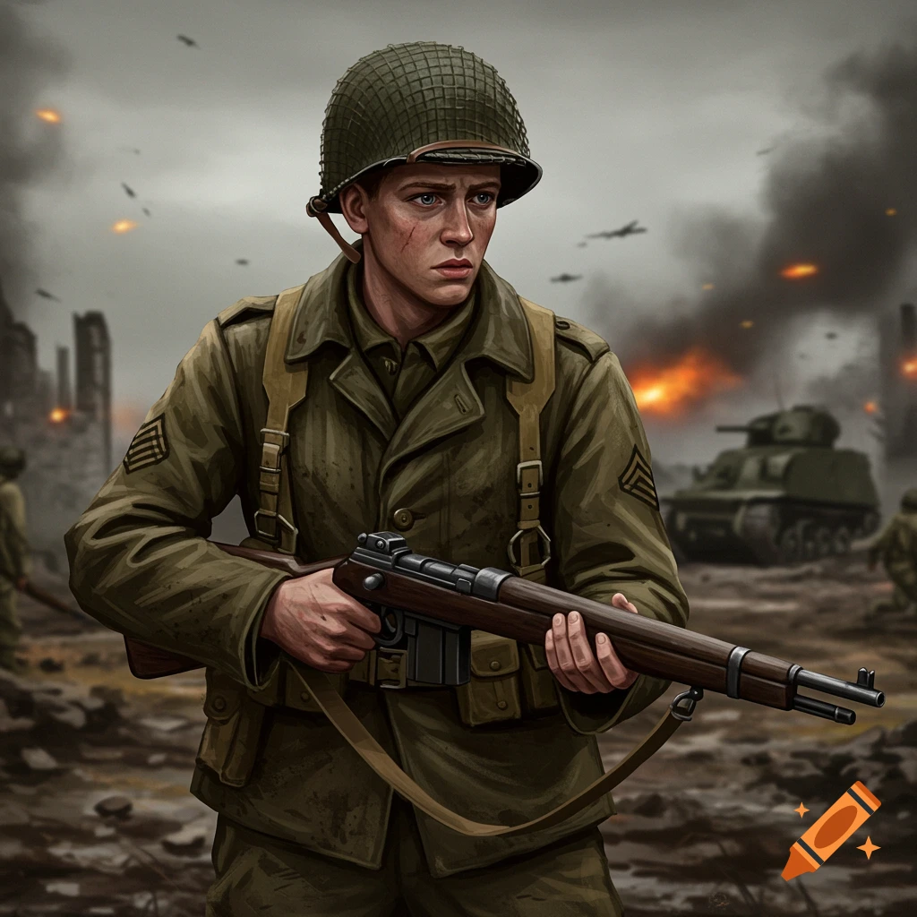 A young WWII US soldier stands on a muddy battlefield, holding a rifle.