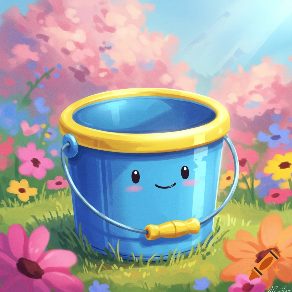 A cute blue bucket with a face in a colorful flower garden.