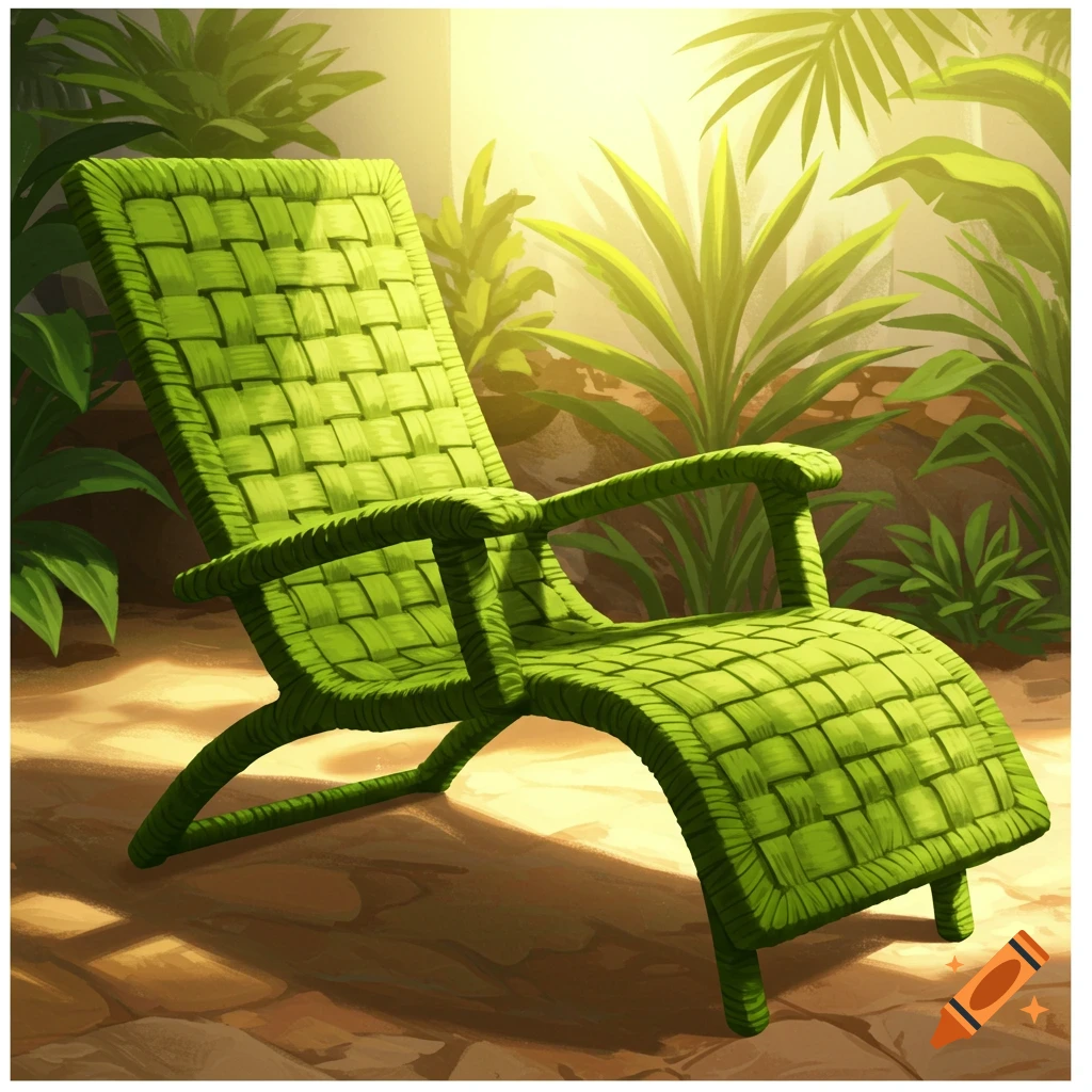 A green woven reclining chair sits in a sunny garden.