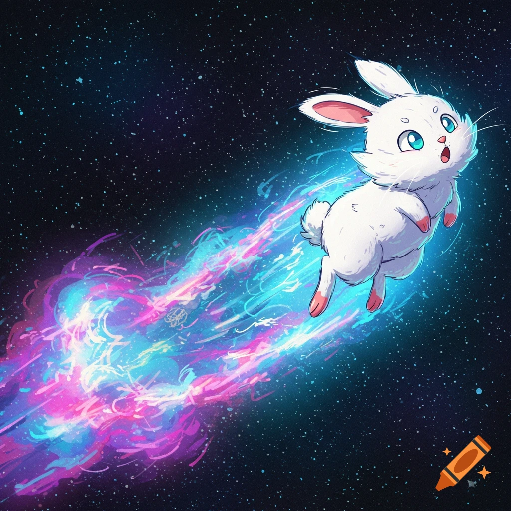 Cartoon rabbit flying through starry space with a bright pink and blue trail.