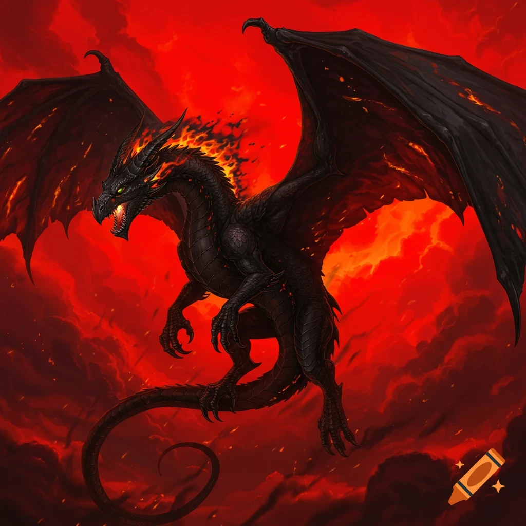 A black fire dragon flying in a fiery red sky.