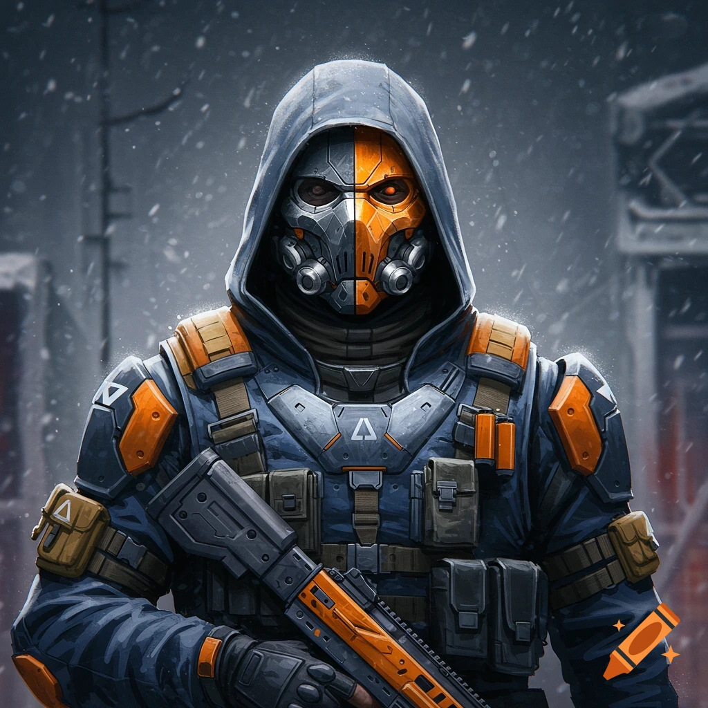 Tactical character in a hood and half-orange mask holds a rifle in a snowy, post-apocalyptic scene.