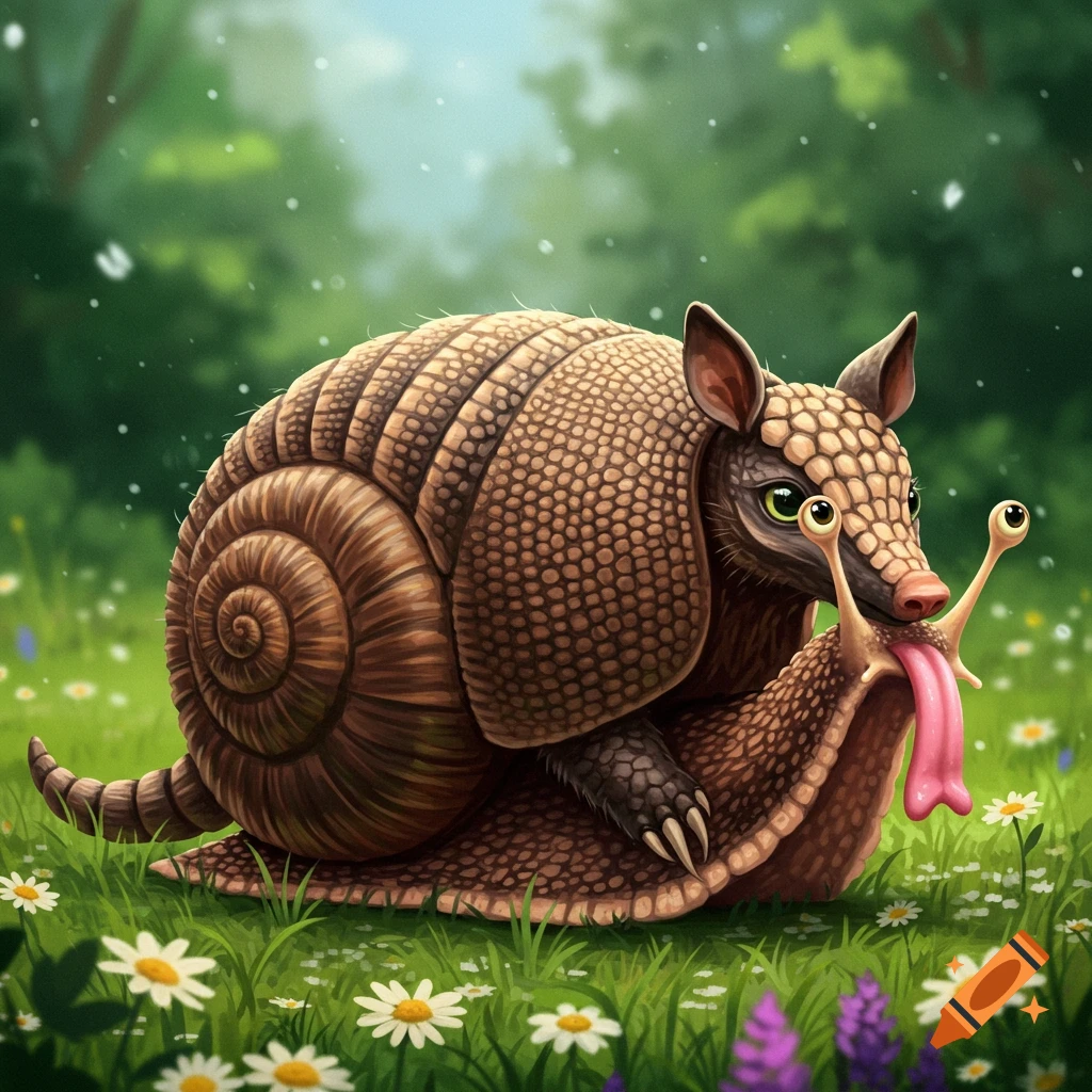 Painting of an armadillo-snail hybrid with cat ears and eyes in a flower field