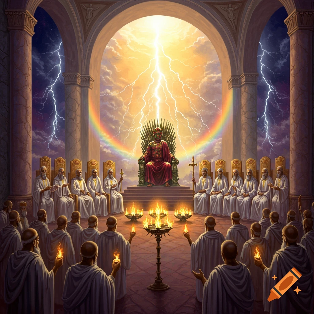 A regal figure sits on a throne in a grand hall, illuminated by lightning and a rainbow, with elders gathered around.