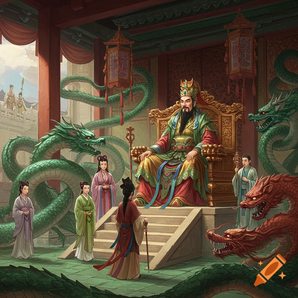 A king sits on a throne in a palace with attendants and dragons, ancient Chinese art style.