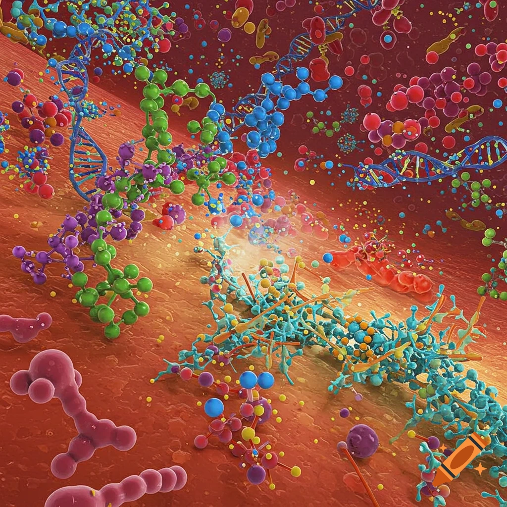 Microscopic showing DNA strands, molecules, and cells in an organic environment.