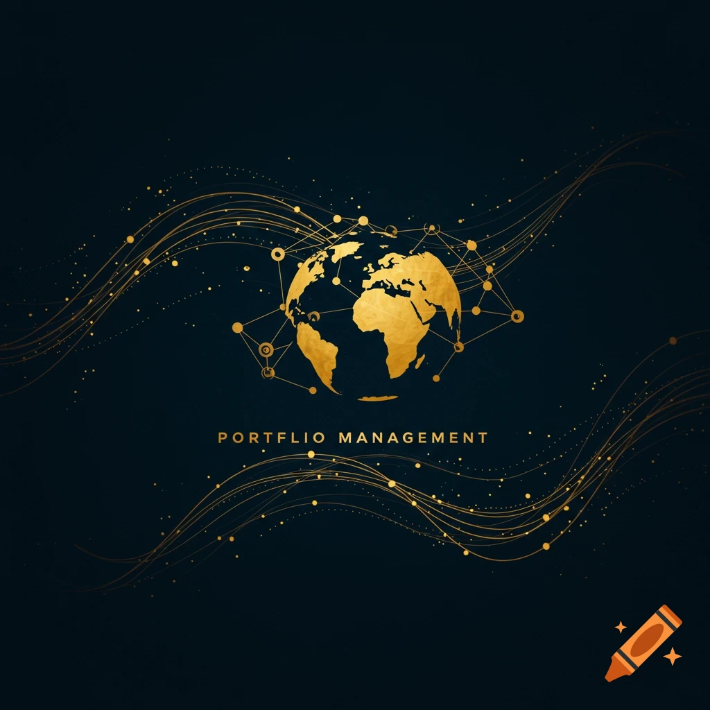 Golden globe network illustration with 'Portfolio Management' text on dark blue background