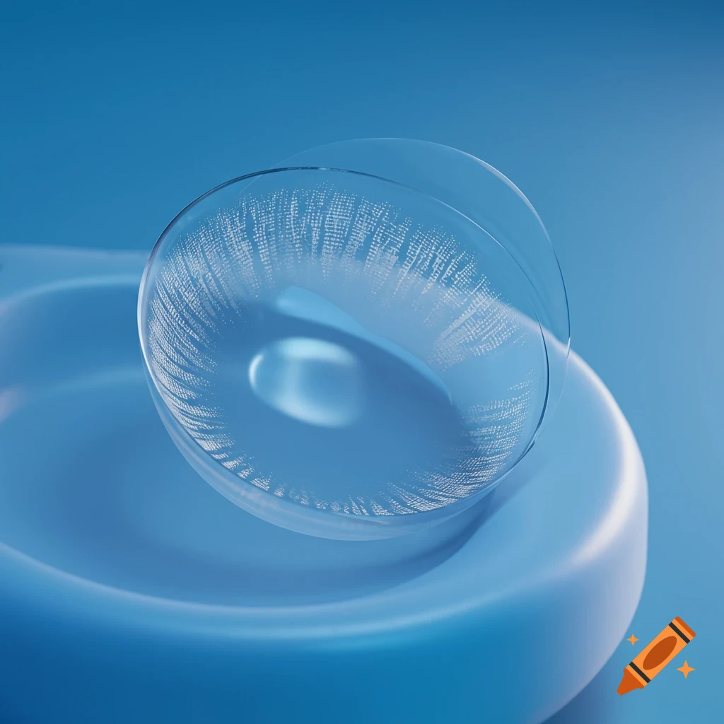 Close-up of a scleral contact lens on a blue surface.