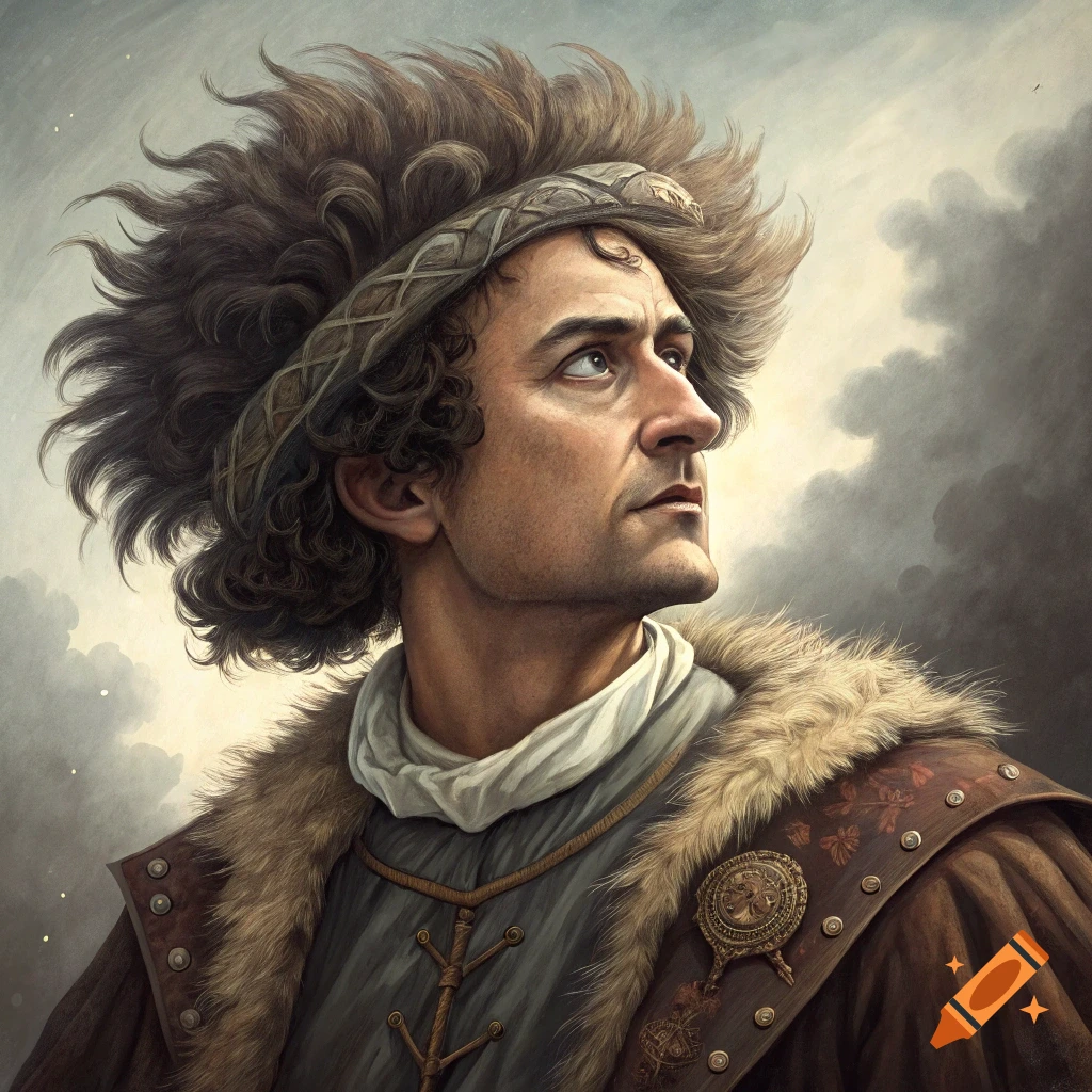 A portrait of a man with bushy hair wearing historical clothing and a headband, looking up at a cloudy sky.