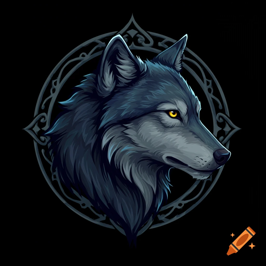A gray wolf head in profile with yellow eyes, inside a circular Celtic design on a black background.