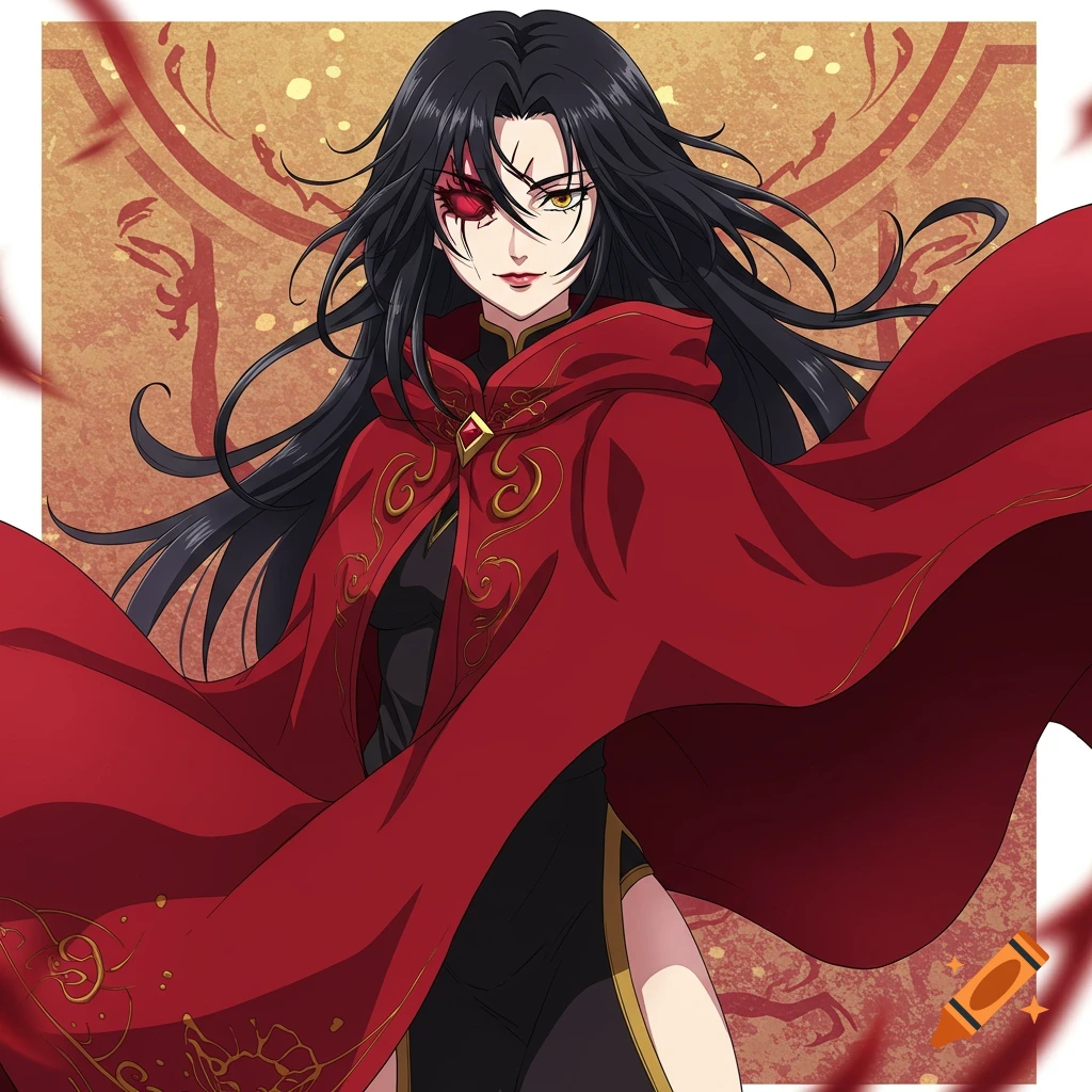 Anime illustration of a woman with black hair, burn mark on left eye, wearing a red cloak.