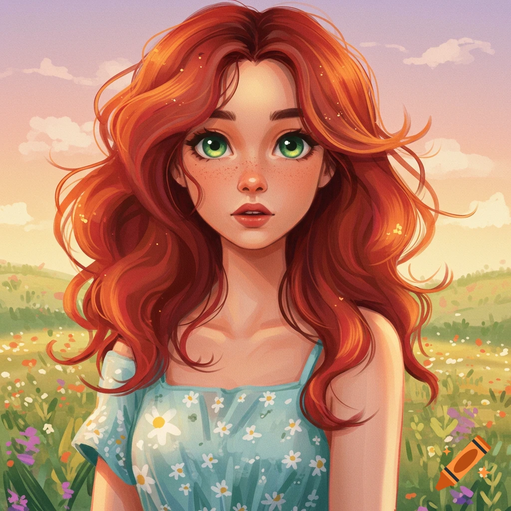 A red-haired girl with green eyes in a field of flowers.