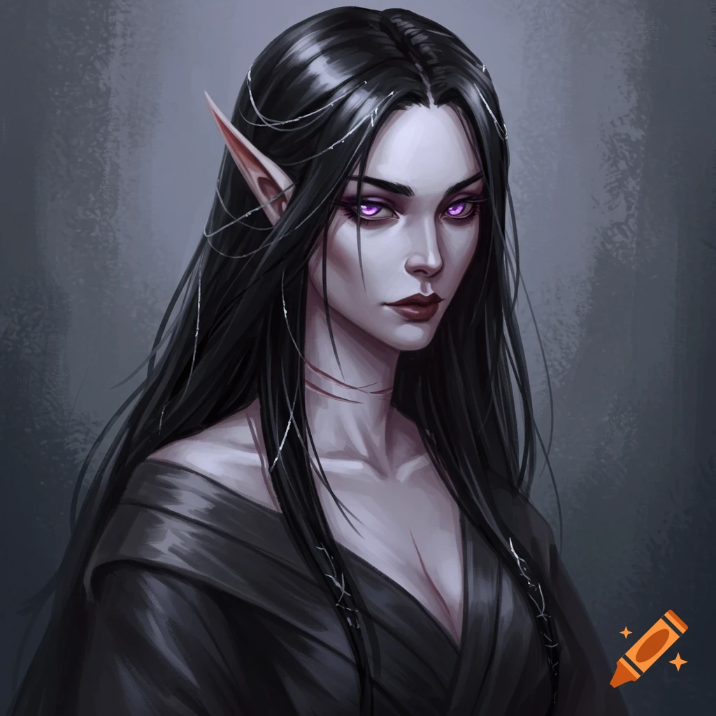 A drow female with long black hair, purple eyes, and a scar on her neck.