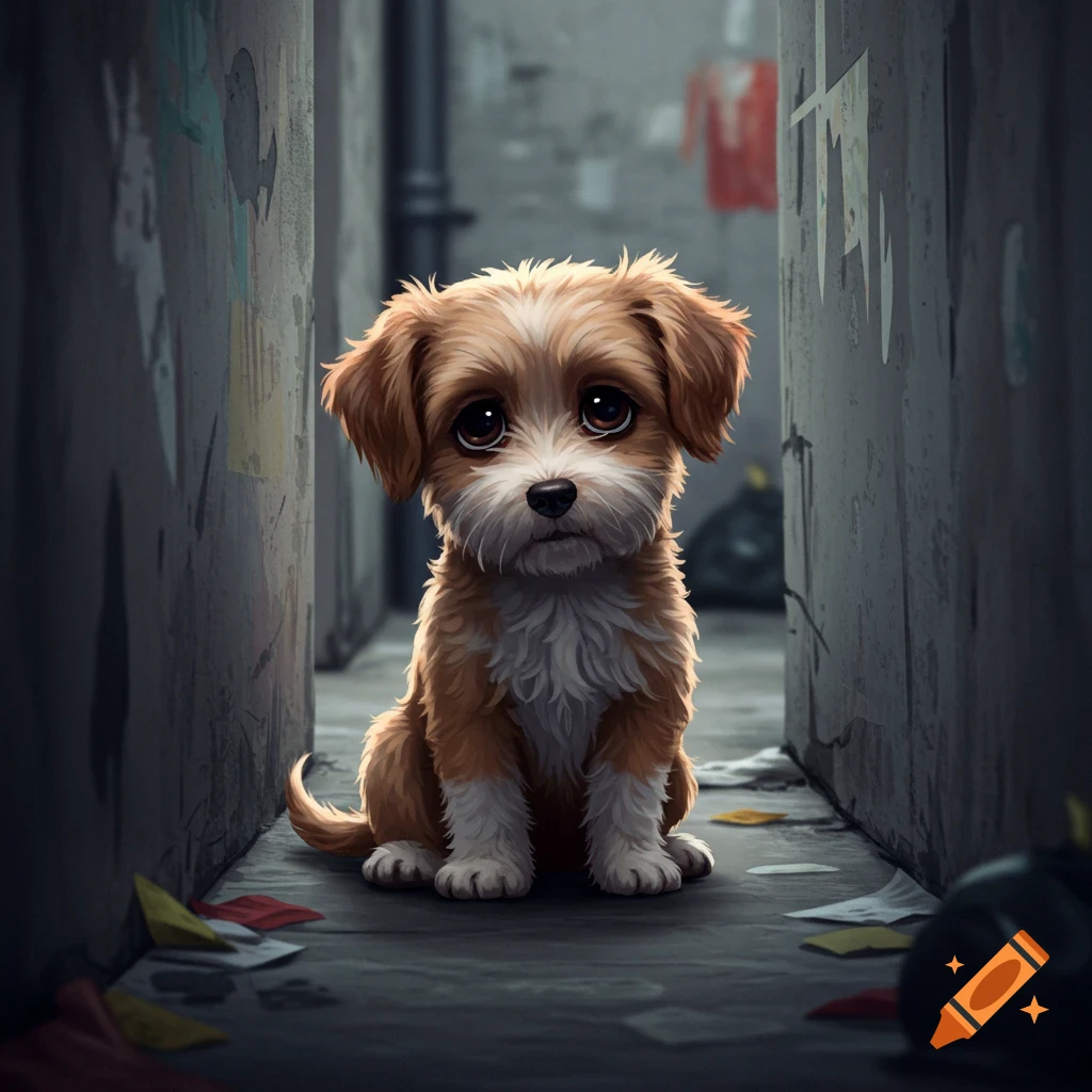 A cute sad puppy sits alone in a dirty alley.