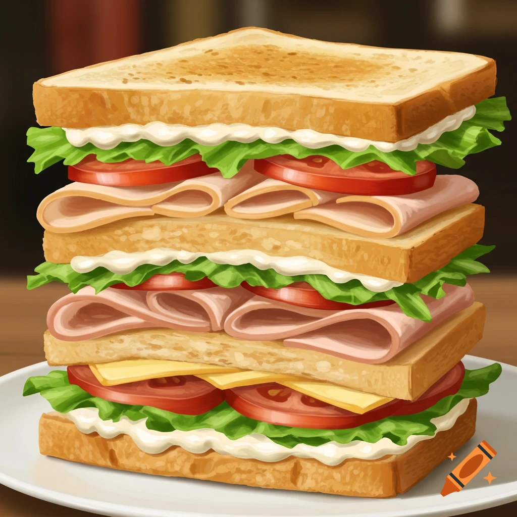 A tall sandwich on a plate, filled with lettuce, tomato, cheese, and meat.