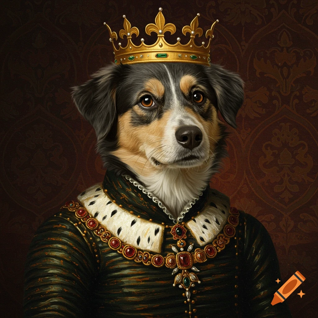 A dog wearing a gold crown and a regal robe with jeweled collar.