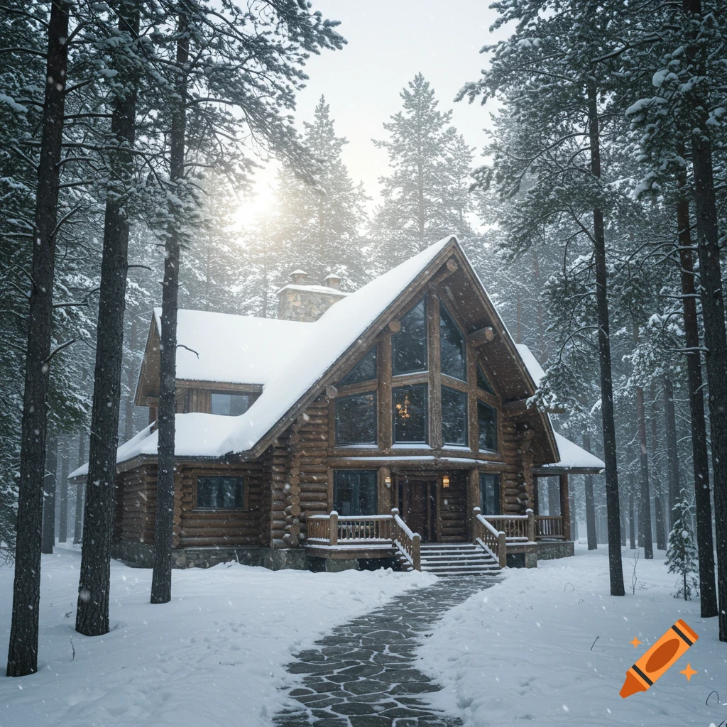 A large log cabin in a snowy pine forest with a stone path leading to the entrance. Photorealistic style.