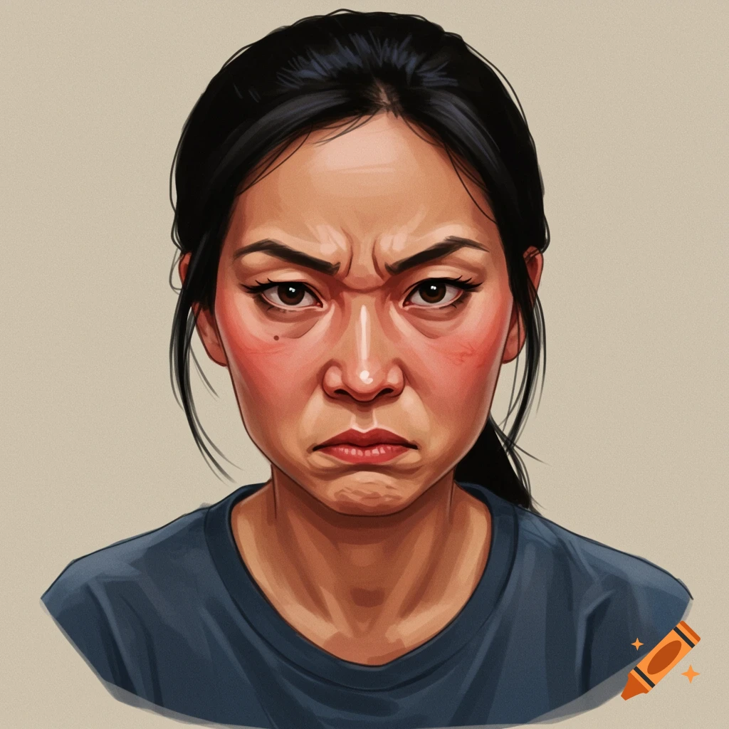An angry East Asian woman with furrowed brows and flushed cheeks