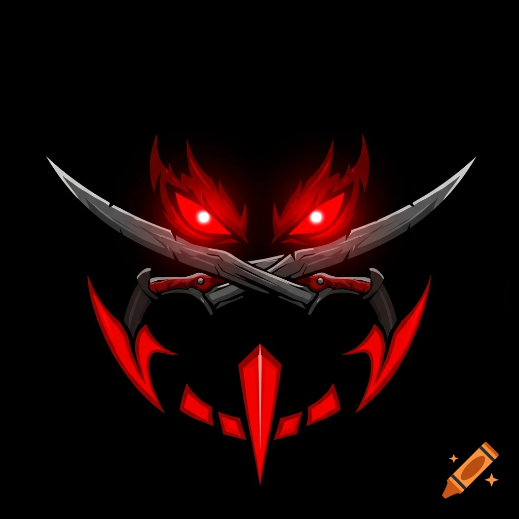 Stylized logo with glowing red eyes, crossed daggers, and red shapes on black background.